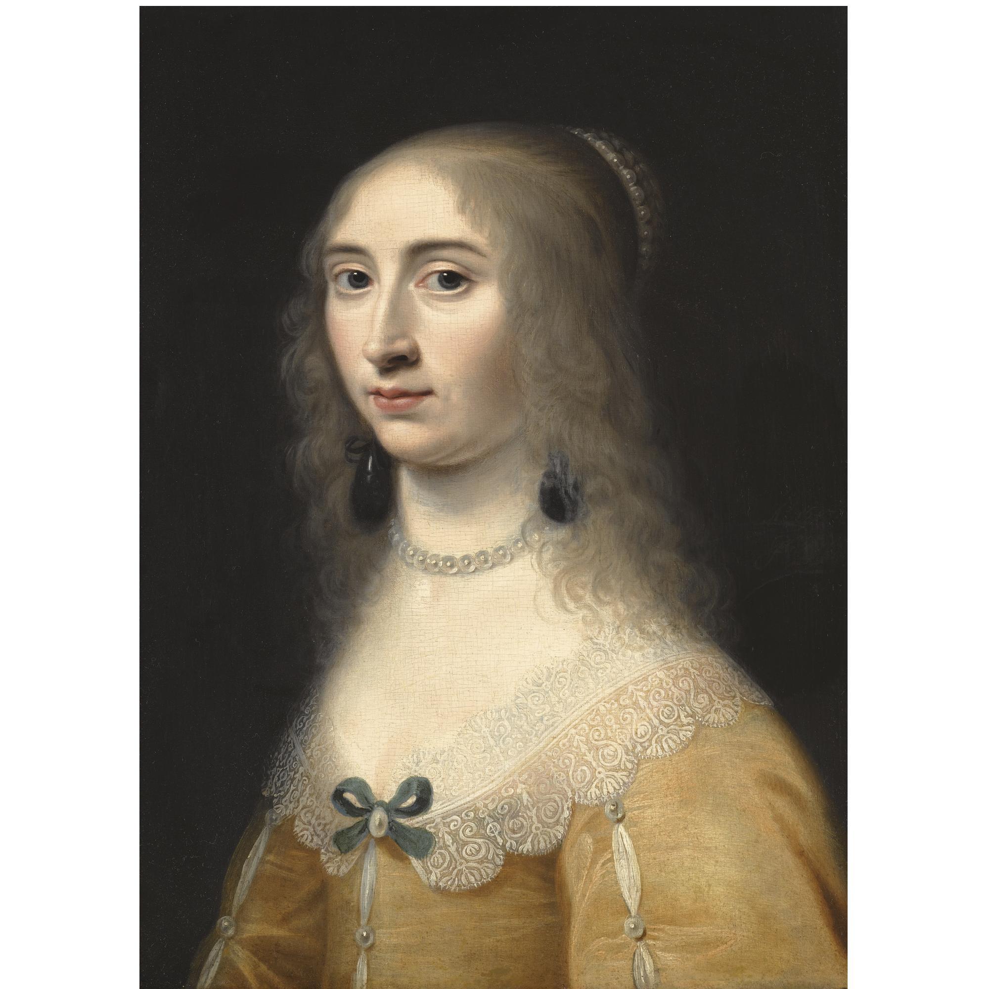 Jacob Willemsz. Delff II - Portrait Of A Lady, Head And Shoulders, Wearing A Yellow Dress And A Pearl Necklace And Headdress