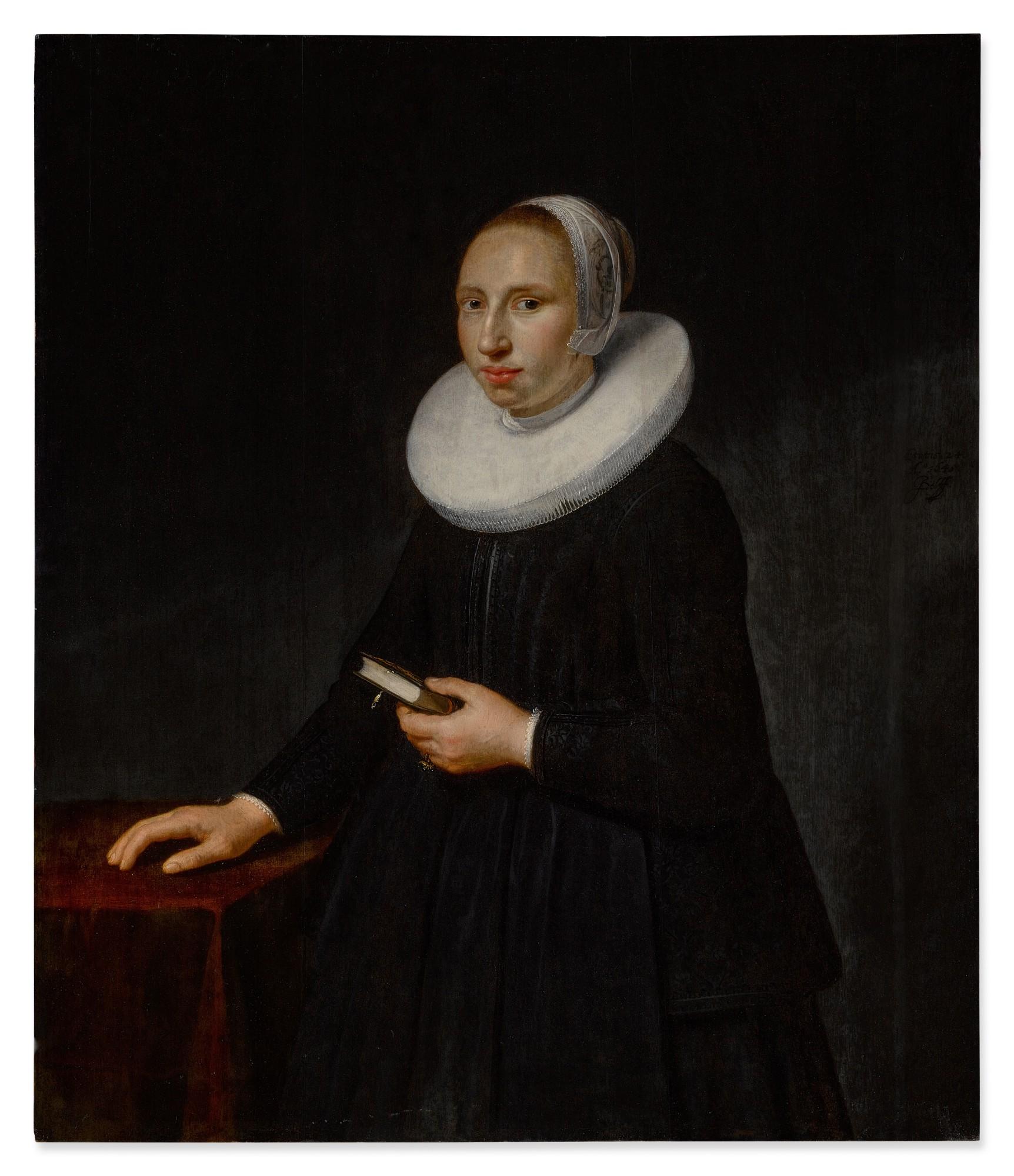 Jacob Willemsz. Delff the Younger - Portrait of a young lady holding a book, her hand resting on a table, three-quarter length