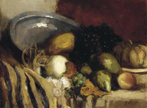 Jacoba Surie - Grapes, pears, pumpkins, peaches on a draped kitchen table