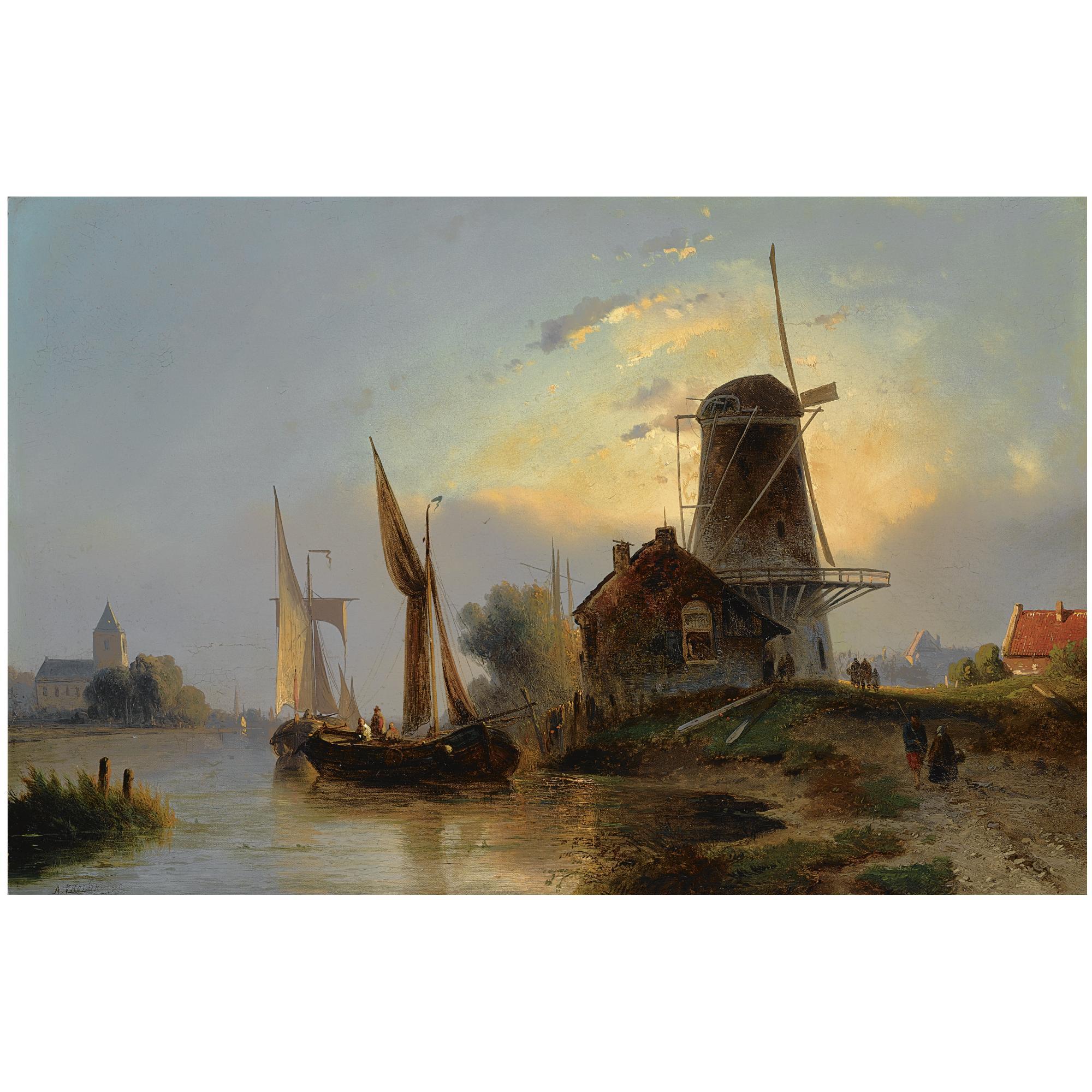 Jacobus Adrianus Vrolijk - Dutch Moored Boats Near A Windmill