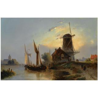 Jacobus Adrianus Vrolijk - Dutch Moored Boats Near A Windmill