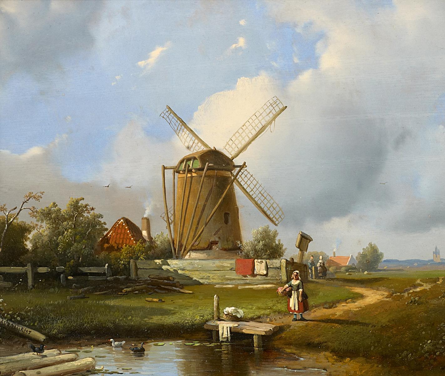 Jacobus Adrianus Vrolijk - Holländische Landschaft mit Windmühle