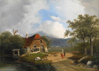 Jacobus Adrianus Vrolijk - Landschaft mit Gehöft und Figurenstaffage