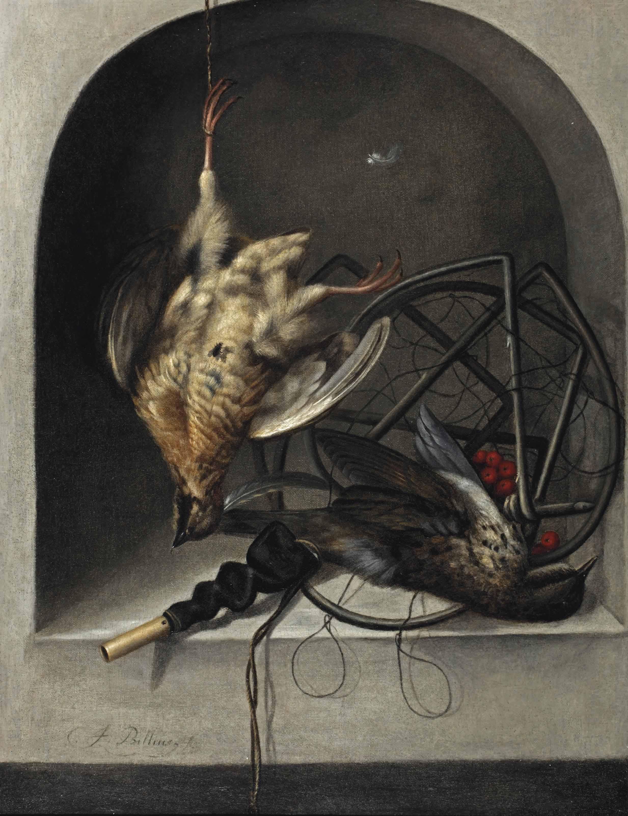 Jacobus Biltius - A Partridge Suspended From A Nail, A Starling, A Trap And Whistle In A Stone Niche