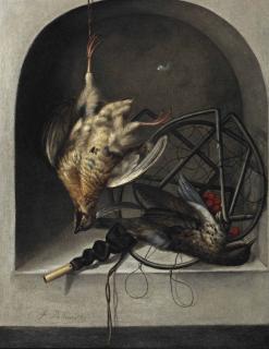 Jacobus Biltius - A Partridge Suspended From A Nail, A Starling, A Trap And Whistle In A Stone Niche