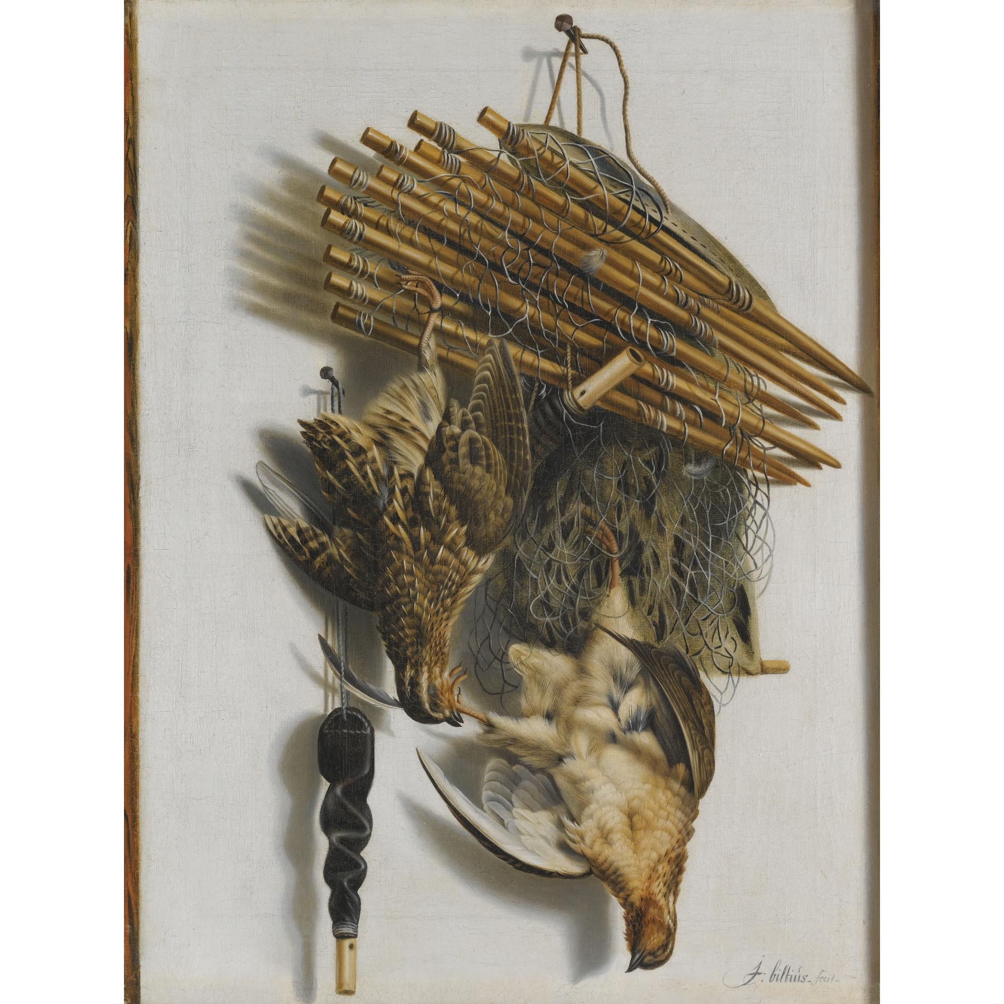 Jacobus Biltius - A Trompe L\'Oeil Still Life With Two Quails, A Bird-Net And A Whistle