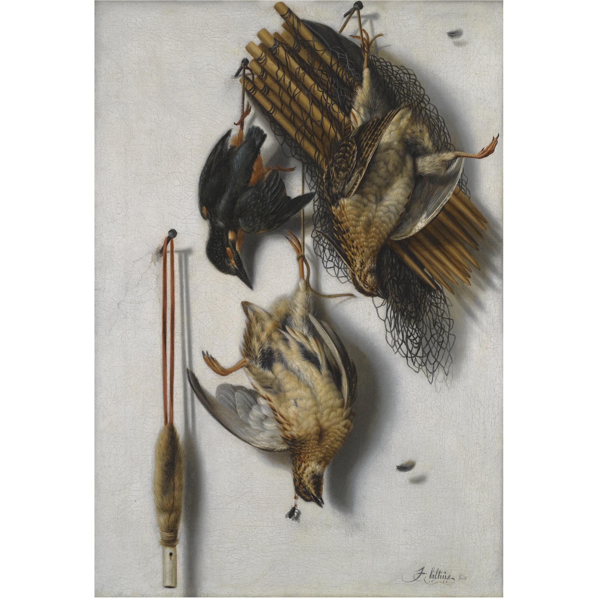 Jacobus Biltius - A Trompe L\'Oeil Still Life With Two Quails, A Kingfisher, A Bird Net And A Whistle