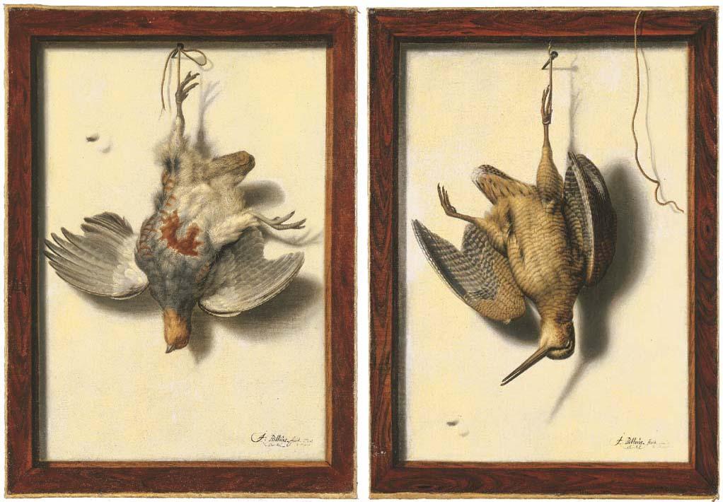 Jacobus Biltius - Trompe l\'oeil of a partridge suspended from a nail; and Trompe l\'oeil of a snipe suspended from a nail
