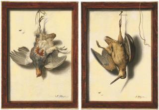Jacobus Biltius - Trompe l\'oeil of a partridge suspended from a nail; and Trompe l\'oeil of a snipe suspended from a nail