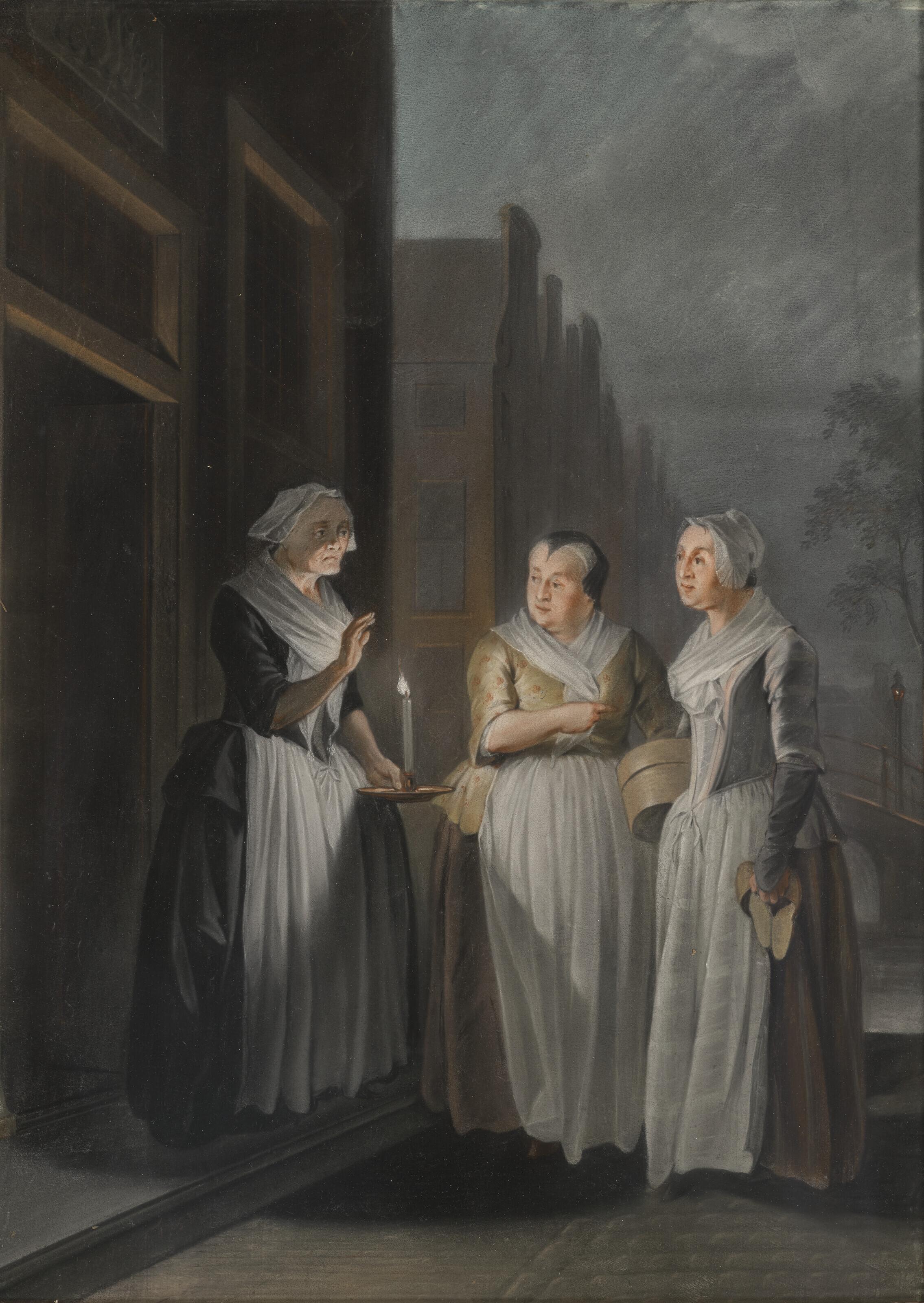 Jacobus Buys - Three women talking at night in a Dutch city, one holding a candle