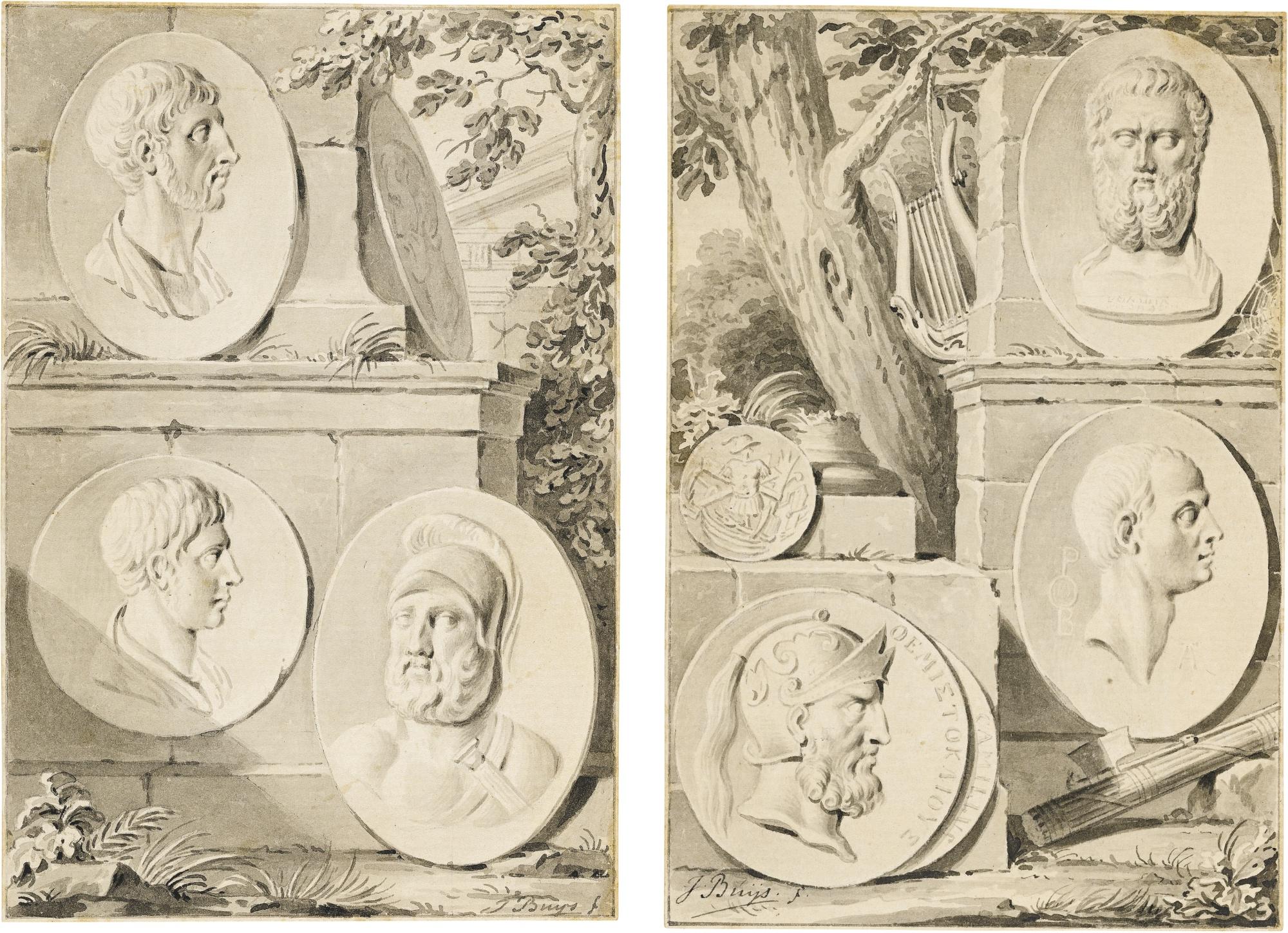 Jacobus Buys - Two Drawings Depicting Antique Ruins With Portrait Medallions