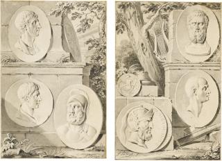 Jacobus Buys - Two Drawings Depicting Antique Ruins With Portrait Medallions