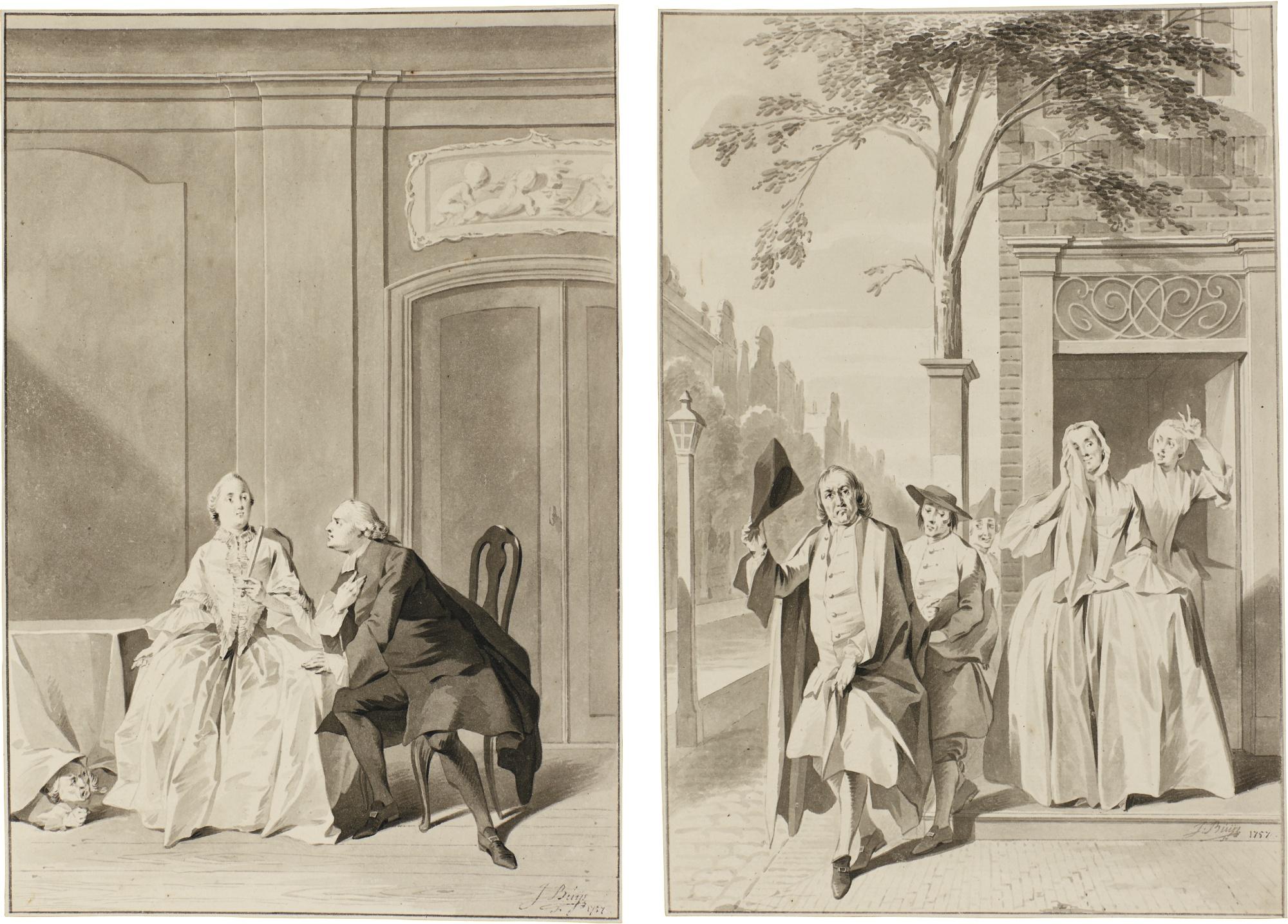 Jacobus Buys - Two Theatrical Scenes: A) A Scene From Molière\'S Tartuffe B) A Scene From Lingelbach\'S False Virtue