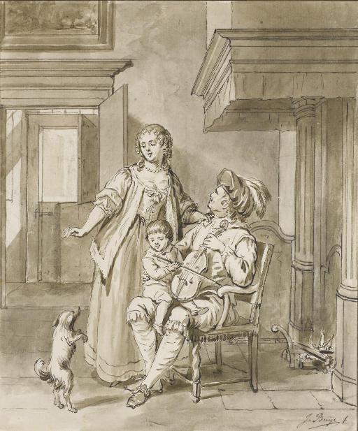 Jacobus Buys - Un musicien avec son violon et un petit garçon sur ses genoux, une femme derrière lui regardant un chien