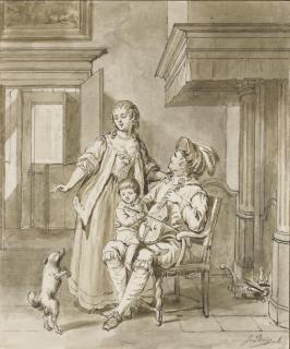 Jacobus Buys - Un musicien avec son violon et un petit garçon sur ses genoux, une femme derrière lui regardant un chien