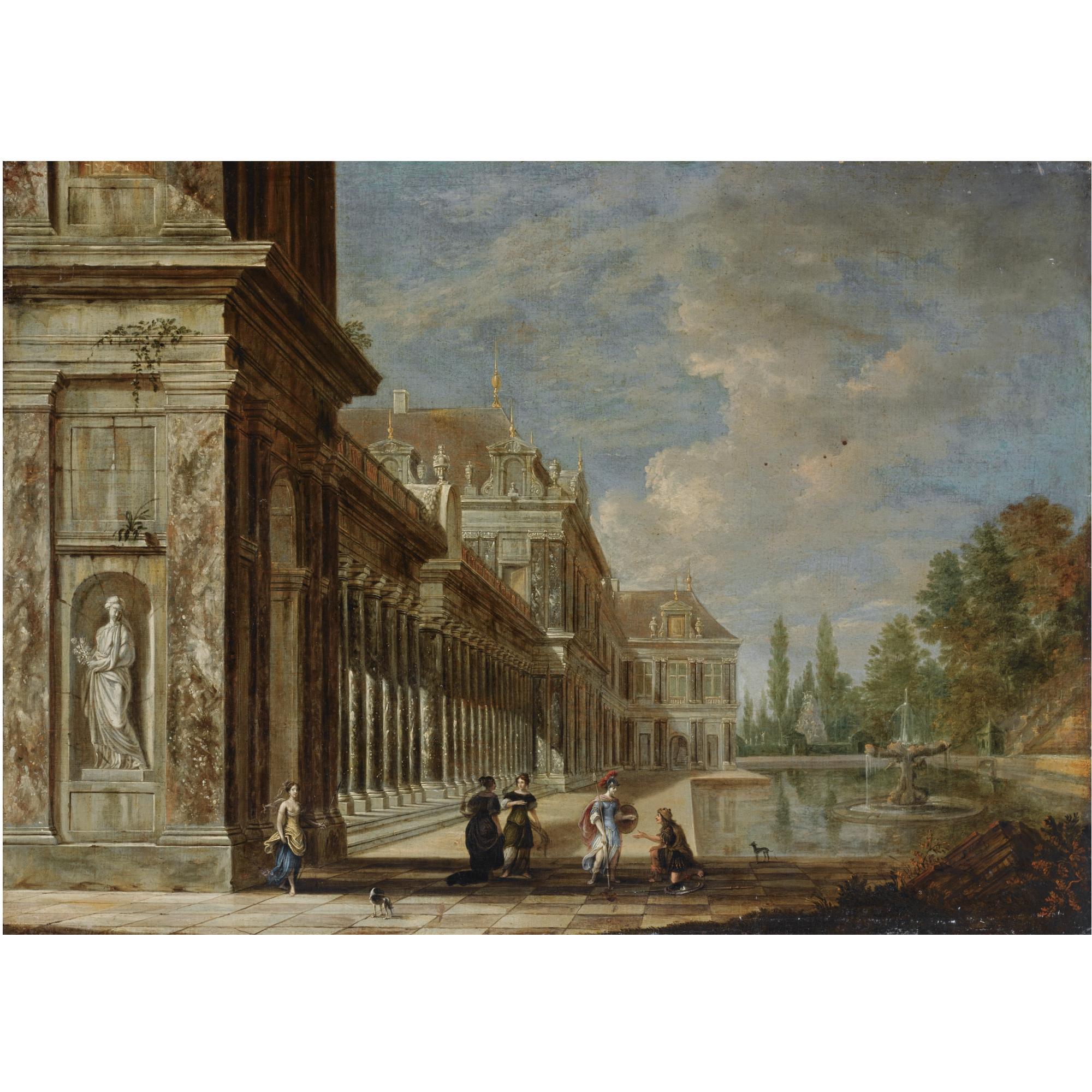 Jacobus Ferdinandus Saey - A Palace Capriccio Beside A Fountain With A Soldier And Elegant Figures In The Foreground