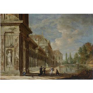 Jacobus Ferdinandus Saey - A Palace Capriccio Beside A Fountain With A Soldier And Elegant Figures In The Foreground
