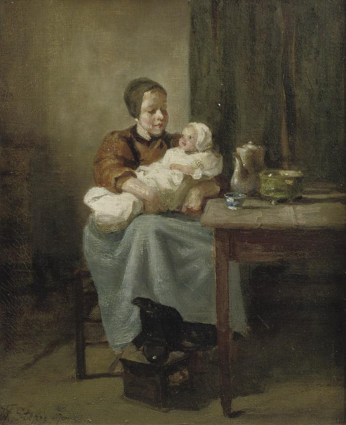 Jacobus Frederick Sterre de Jong - A Dutch interior with two sisters