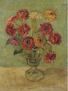 Jacobus Johannes Doeser - A still life with zinnias in a vase