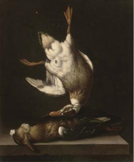 Jacobus Jorisz. Van der Hagen - A Dead Duck Suspended From A Nail With A Fly Above A Duck On A Stone Ledge