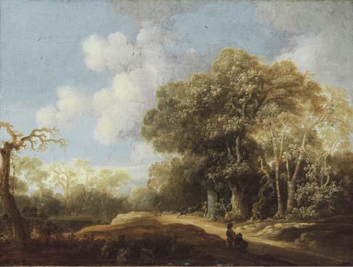 Jacobus Jorisz. Van Der Hagen - A stag hunt in a wooded landscape