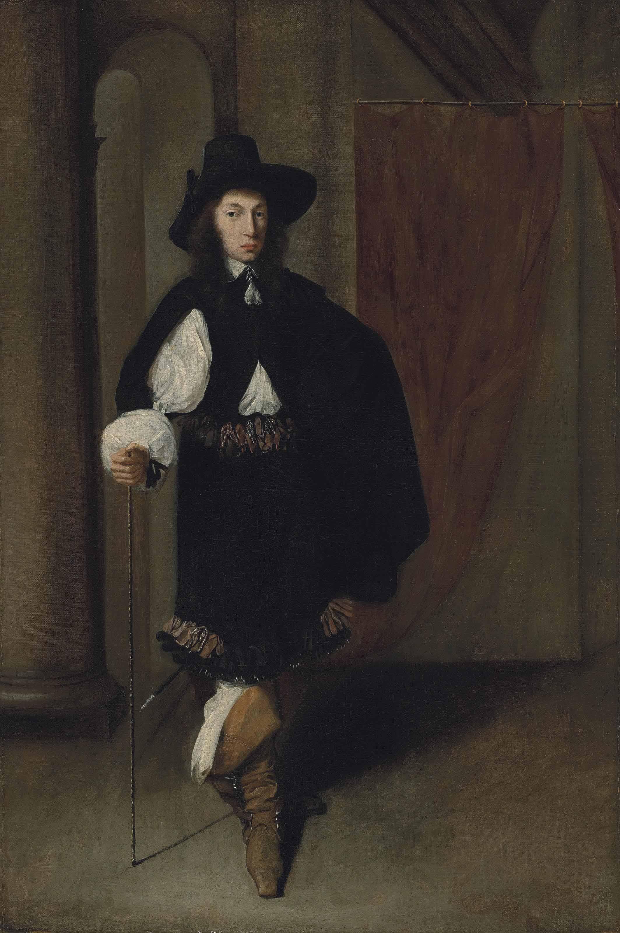 Jacobus Levecq - Portrait Of A Gentleman, Full-Length, In A Black Coat And Hat Holding A Cane In His Right Hand, In A Draped, Colonnaded Interior