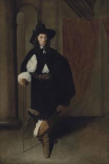 Jacobus Levecq - Portrait Of A Gentleman, Full-Length, In A Black Coat And Hat Holding A Cane In His Right Hand, In A Draped, Colonnaded Interior