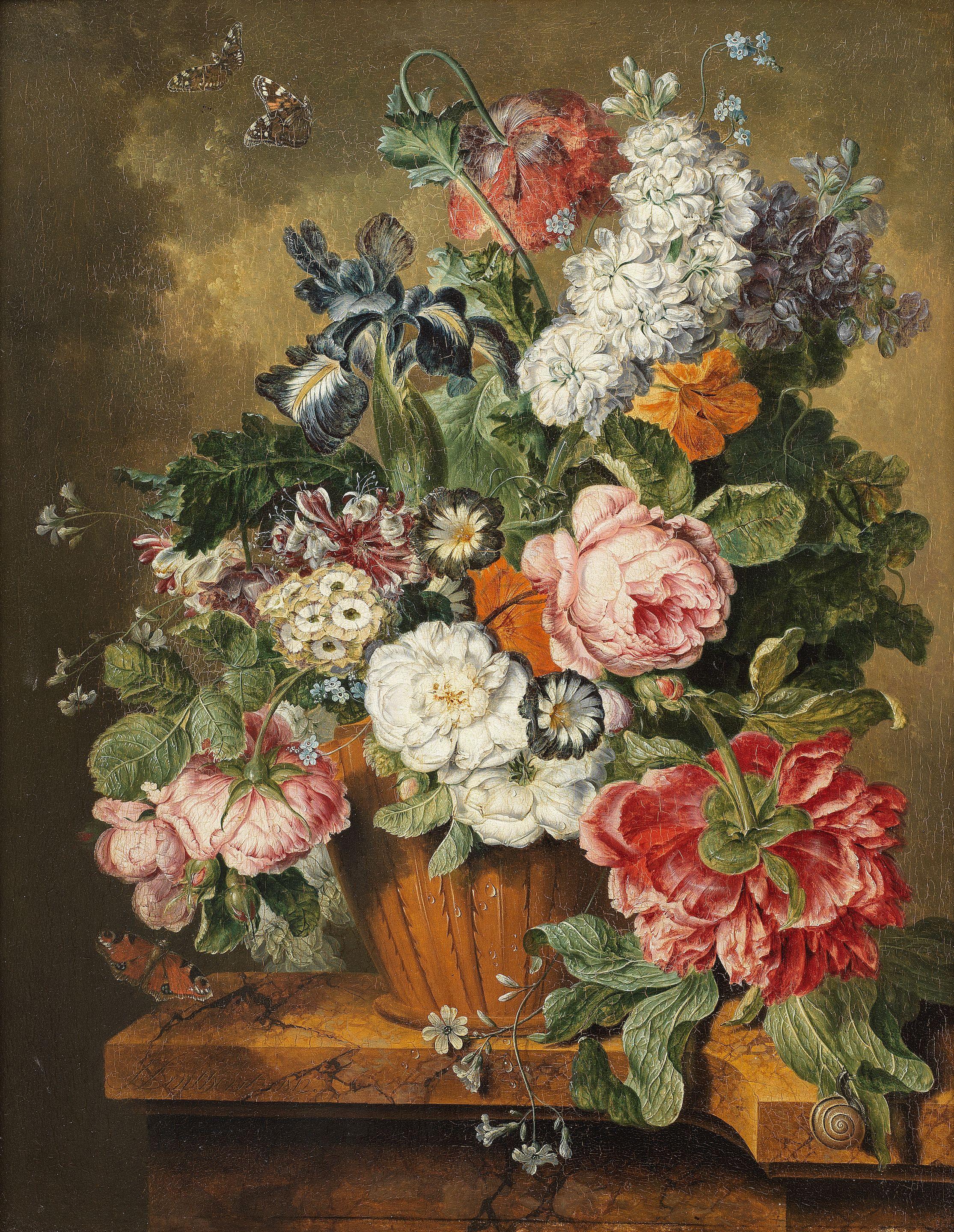 Jacobus Linthorst - A lily, roses, violets and other flowers in an earthenware vase on a marble ledge with butterflies and a snail