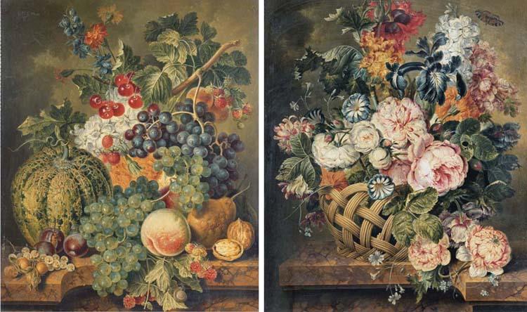 Jacobus Linthorst - A Melon, White Grapes, Peaches, A Pear, Walnuts, Black Grapes And Cherries With Flowers And A Snail, On A Marble Ledge; And Roses, Carnations, Irises\', Cornflowers, And Other Flowers In A Basket With A Butterfly, On A Marble Edge