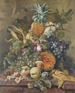Jacobus Linthorst - A pineapple, grapes, peaches, melons, corn, plums and stocks on a stone ledge with butterflies in a landscape