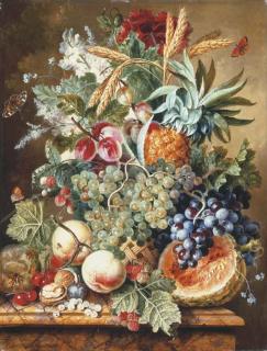 Jacobus Linthorst - A pineapple, plums, grapes and other fruit and flowers in a basket with a melon, peaches, cherries, raspberries and other fruit on a marble ledge