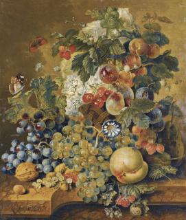Jacobus Linthorst - A Still Life With A Basket Of Fruit, Nuts And Flowers On A Stone Ledge, With A Fly, Butterflies, A Dragon Fly And A Snail