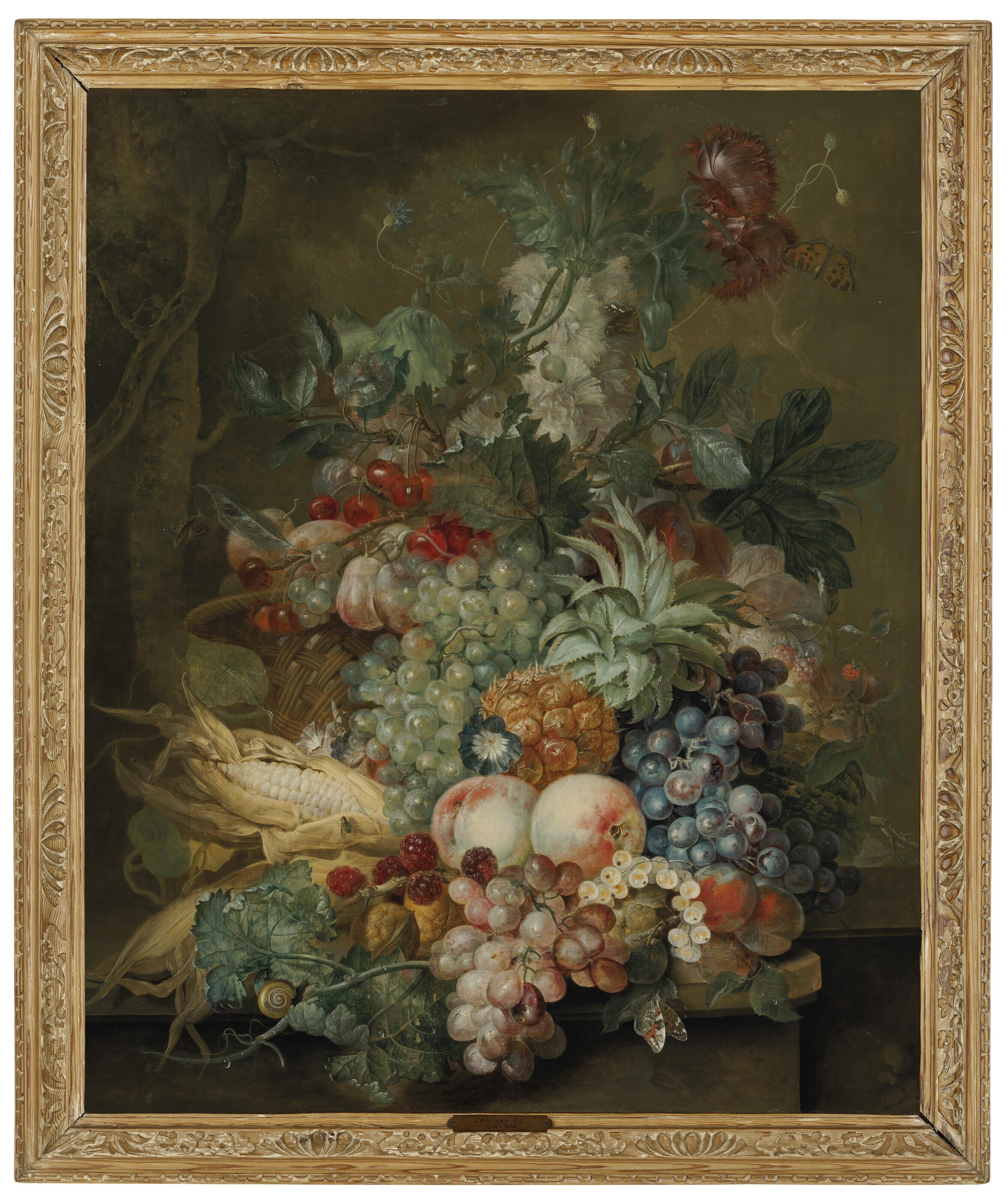 Jacobus Linthorst - Grapes, peaches, sweetcorn, a pineapple, poppies and other fruit and flowers in a wicker basket on a ledge