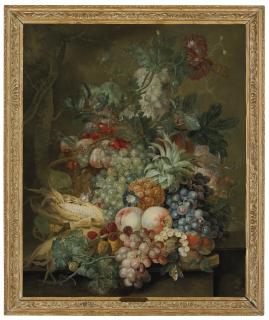 Jacobus Linthorst - Grapes, peaches, sweetcorn, a pineapple, poppies and other fruit and flowers in a wicker basket on a ledge