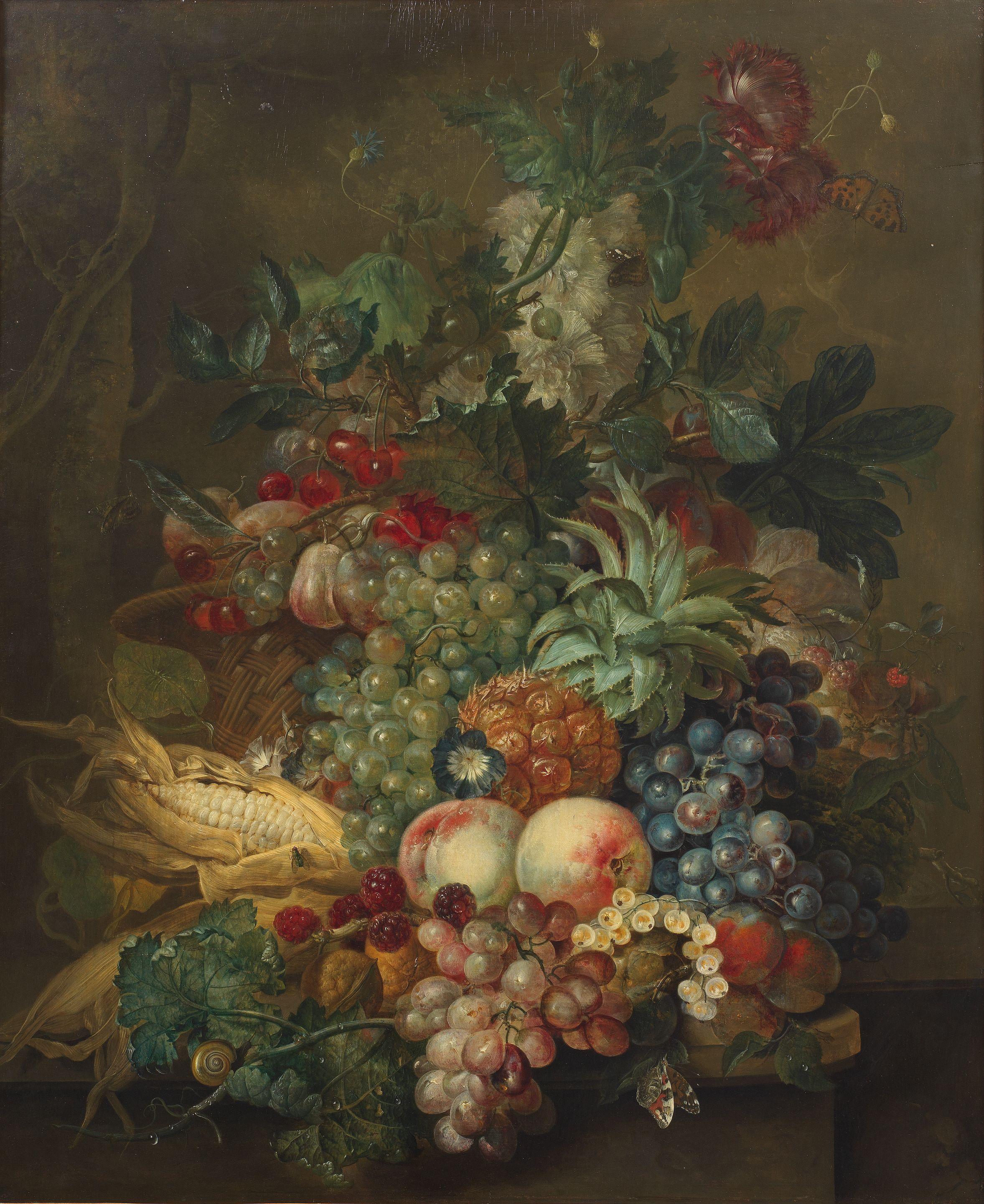 Jacobus Linthorst - Grapes, peaches, sweetcorn, a pineapple, poppies and other fruit and flowers in a wicker basket on a ledge