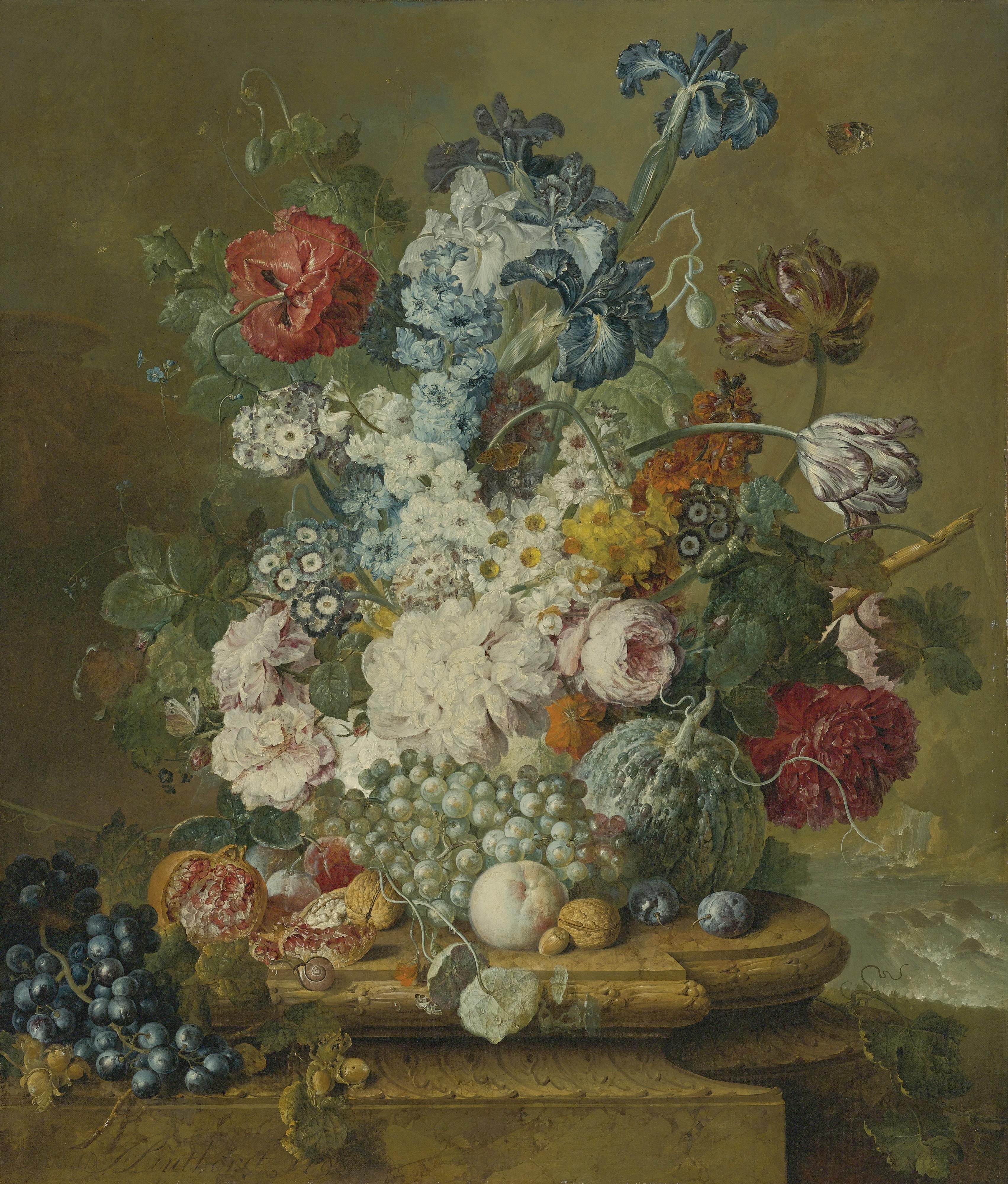 Jacobus Linthorst - Still Life Of Peonies, Primroses, Irises, Tulips, A Poppy And Other Flowers With Grapes, A Melon, A Pomegranate, Peaches, Plums And Nuts, All On A Carved Stone Ledge With A Waterfall Landscape Beyond