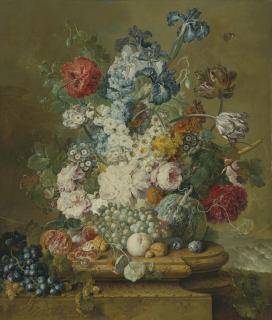 Jacobus Linthorst - Still Life Of Peonies, Primroses, Irises, Tulips, A Poppy And Other Flowers With Grapes, A Melon, A Pomegranate, Peaches, Plums And Nuts, All On A Carved Stone Ledge With A Waterfall Landscape Beyond