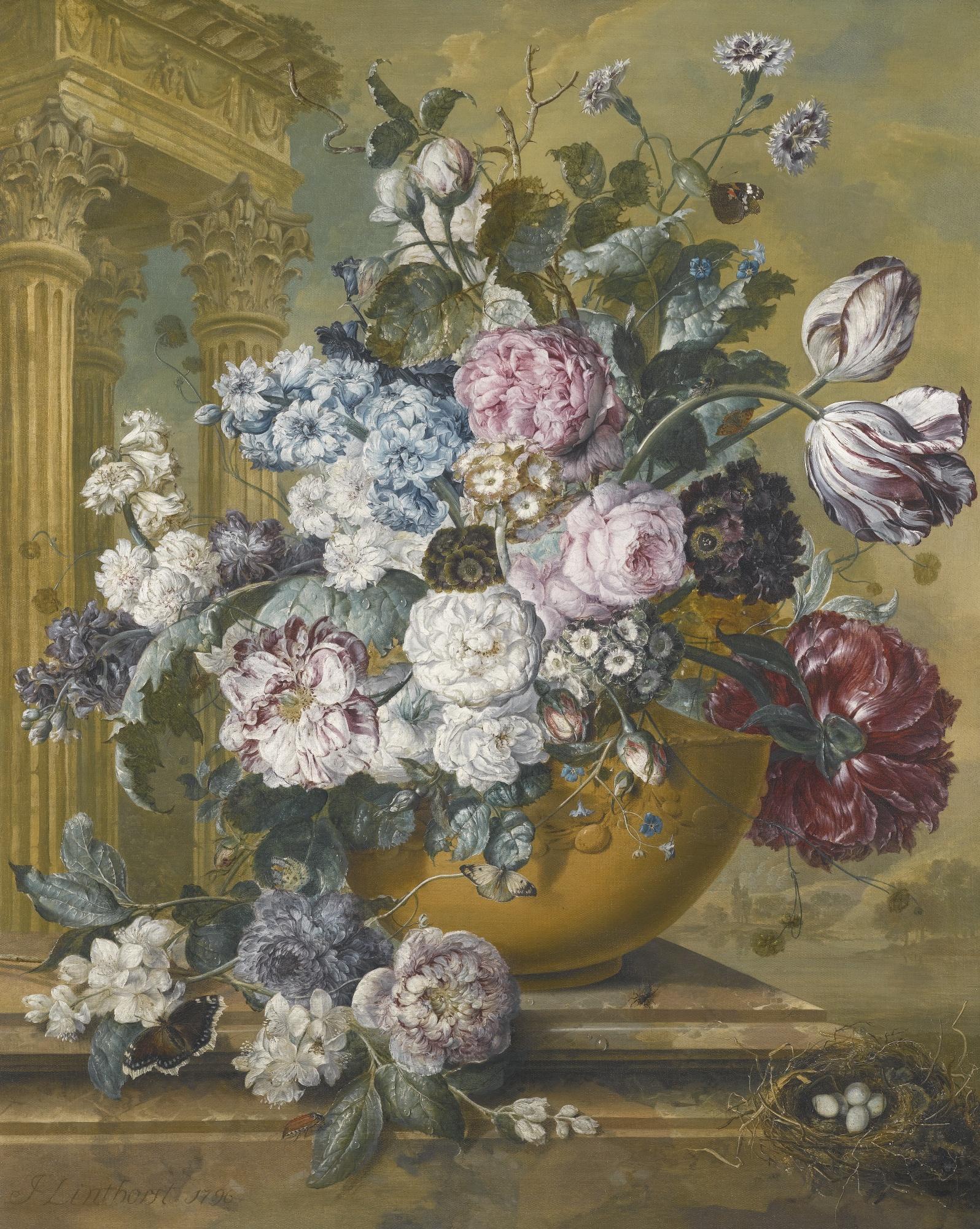 Jacobus Linthorst - Still Life Of Summer Flowers In A Bowl, With Butterflies And A Bird\'S Nest Upon A Marble Ledge, A Temple Beyond