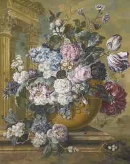 Jacobus Linthorst - Still Life Of Summer Flowers In A Bowl, With Butterflies And A Bird\'S Nest Upon A Marble Ledge, A Temple Beyond