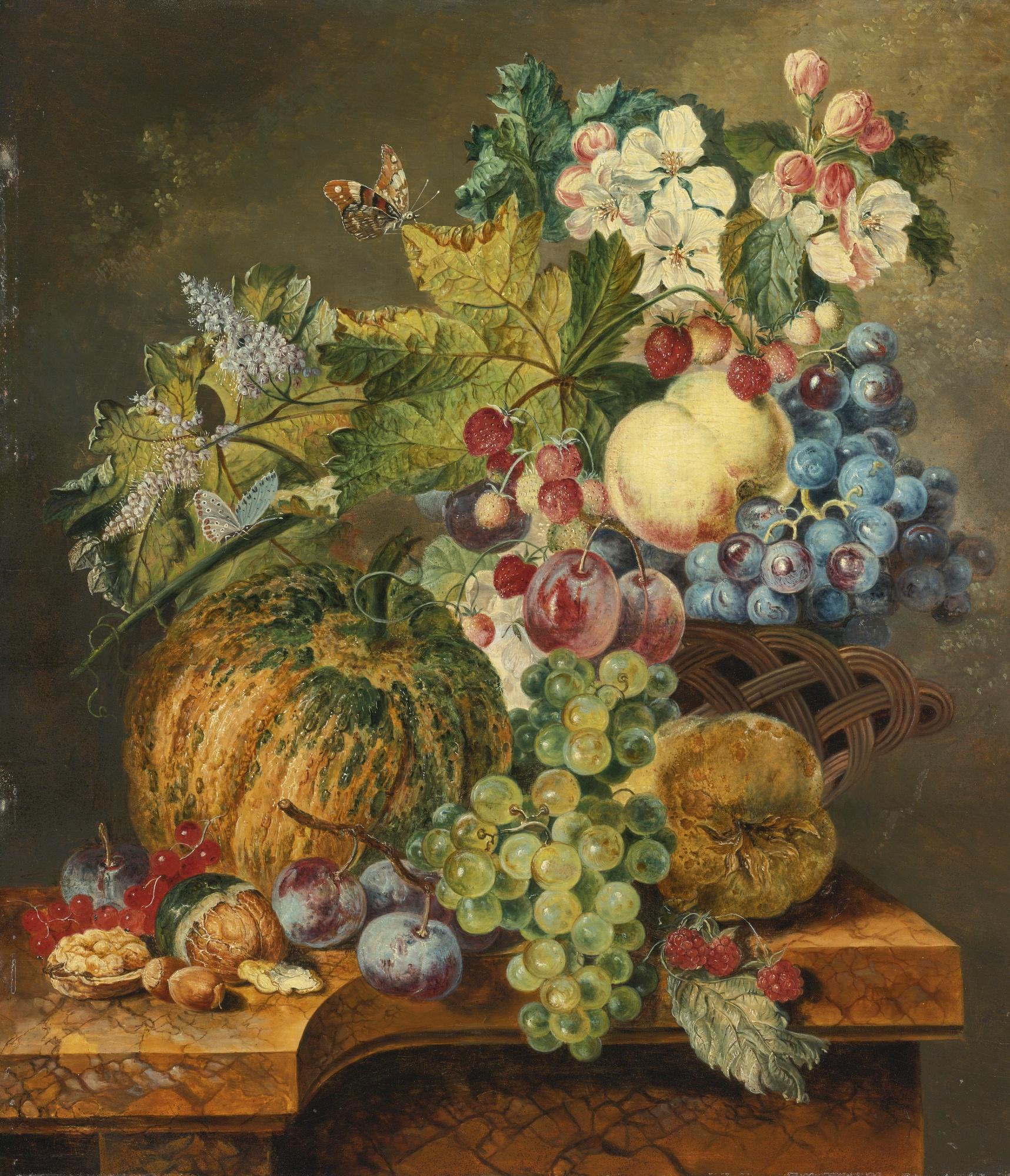 Jacobus Linthorst - Strawberries, Grapes, Plums And A Peach In A Basket Surrounded By Flowers And Other Fruits And Vegetables, All Resting On A Marble Ledge