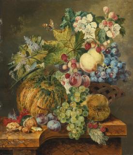Jacobus Linthorst - Strawberries, Grapes, Plums And A Peach In A Basket Surrounded By Flowers And Other Fruits And Vegetables, All Resting On A Marble Ledge