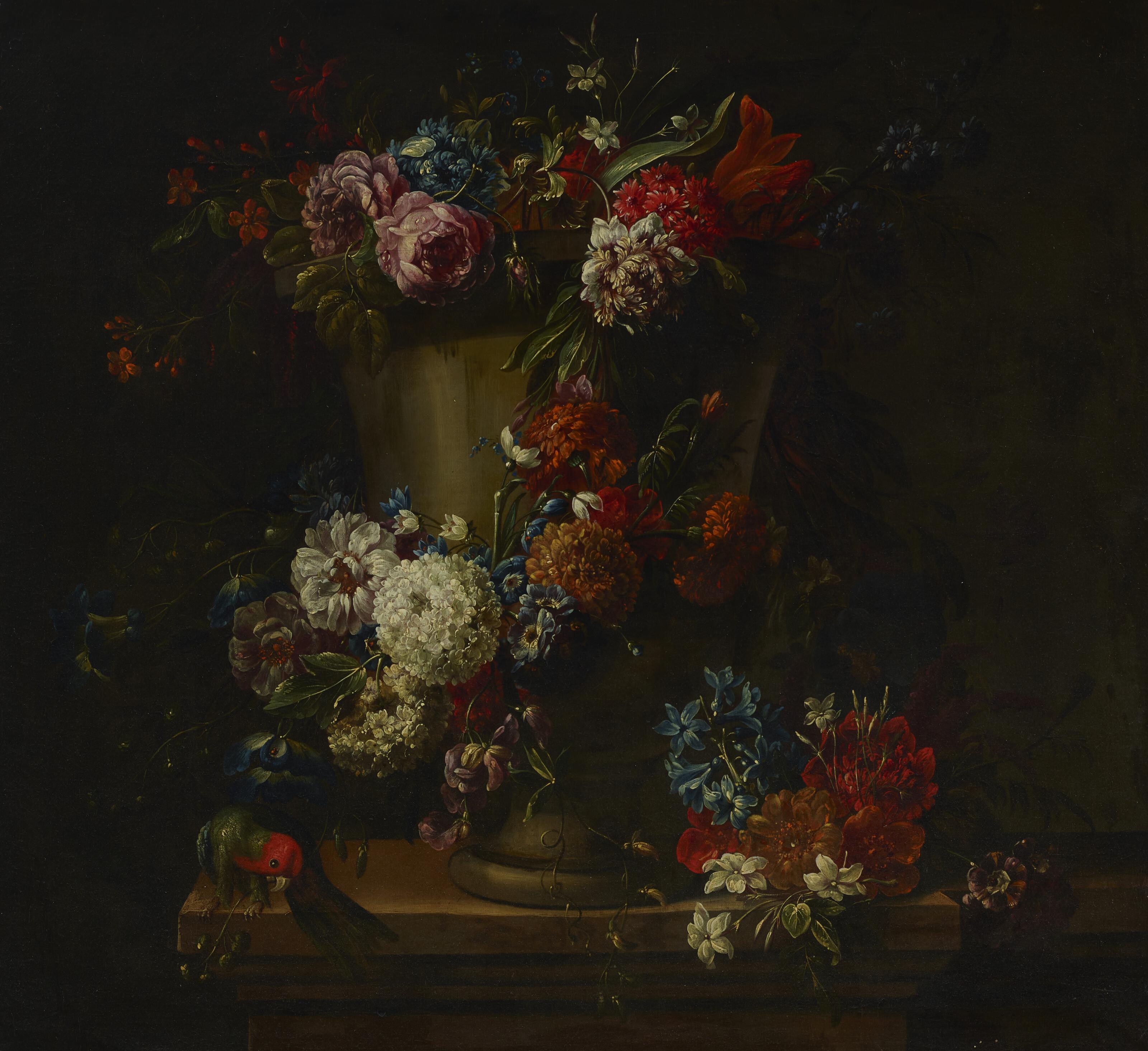 Jacobus Melchior van Herck - Flowers in a clay urn on a ledge