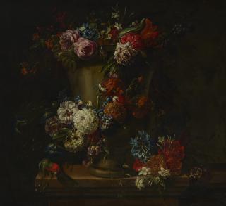 Jacobus Melchior van Herck - Flowers in a clay urn on a ledge