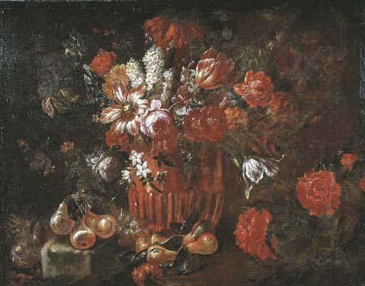 Jacobus Melchior Van Herck - Tulips, roses, hyacinths and other flowers in a sculpted vase, with pears and grapes on a stone ledge