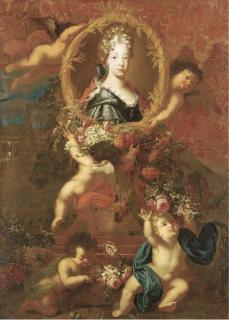 Jacobus Melchoir van Herck - Portrait of Maria Luisa of Savoy, Queen of Spain, in a garland held aloft by putti with flowers in a landscape