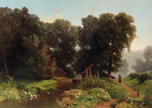 Jacobus Nicolaas Tjarda Van Starkenborgh Stachouwe - A sunlit farmyard with a peasant girl knitting