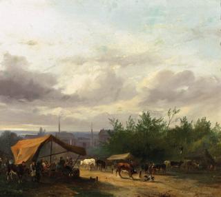 Jacobus Pelgrom - A cattle-market with factories in a town beyond