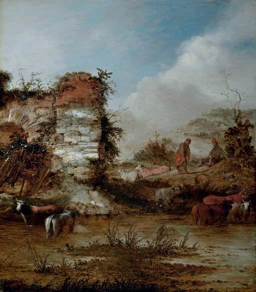 Jacobus Sibrandi Mancadan - A river landscape with cattle watering by a ruin and herdsmen resting on the bank