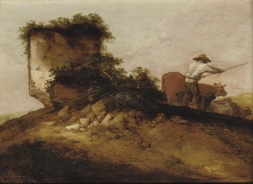 Jacobus Sibrandi Mancadan - A rocky landscape with a herdsman tending his cattle and goats