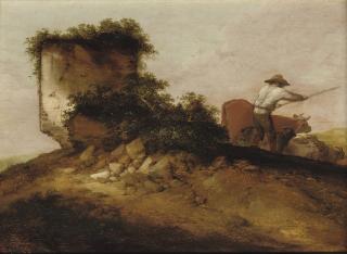 Jacobus Sibrandi Mancadan - A rocky landscape with a herdsman tending his cattle and goats